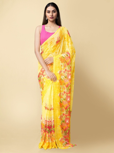 

Unnati Silks Yellow & Red Floral Bhagalpuri Saree