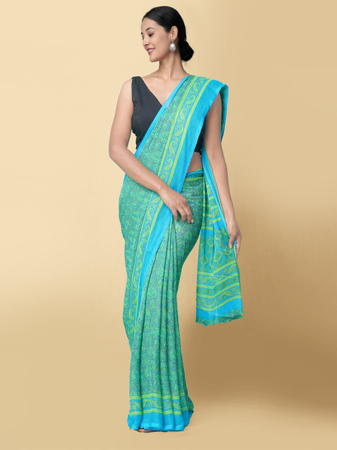 

Unnati Silks Blue & Lime Green Ethnic Motifs Bhagalpuri Saree