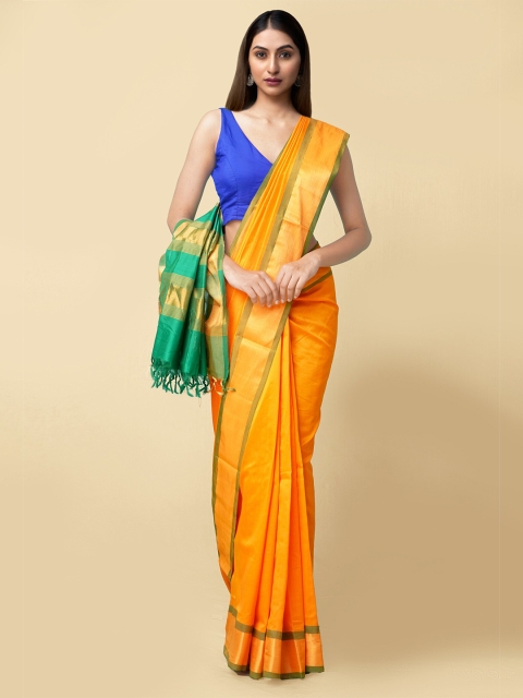 

Unnati Silks Orange & Green Zari Silk Cotton Uppada Saree