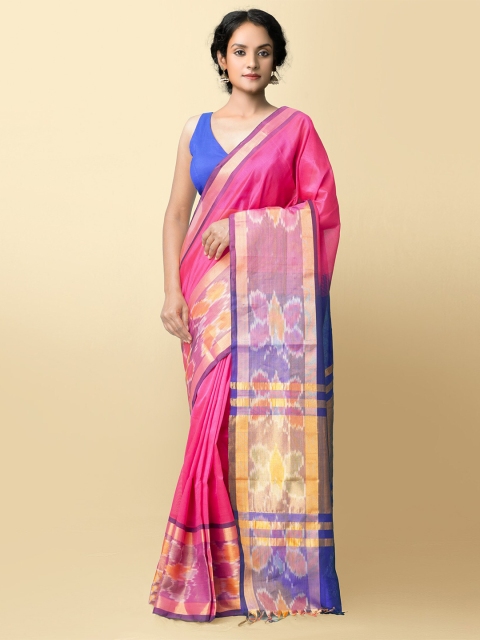 

Unnati Silks Pink & Blue Woven Design Silk Cotton Handloom Uppada Saree