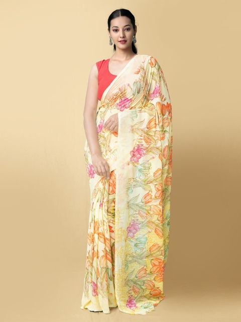 

Unnati Silks Yellow & Orange Floral Bhagalpuri Saree