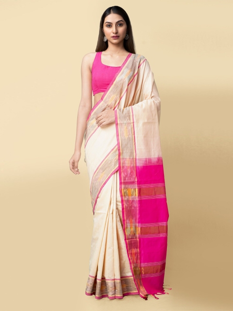 

Unnati Silks Cream-Coloured & Pink Woven Design Silk Cotton Handloom Uppada Saree