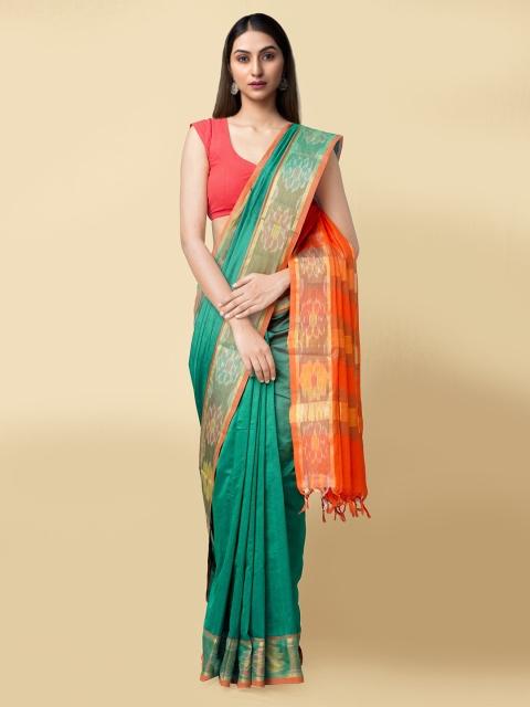 

Unnati Silks Green & Orange Woven Design Silk Cotton Handloom Uppada Saree