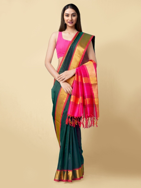 

Unnati Silks Green & Pink Woven Design Zari Silk Cotton Handloom Uppada Saree