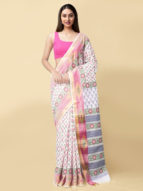 

Unnati Silks Pink & White Woven Design Zari Pure Cotton Sambalpuri Saree