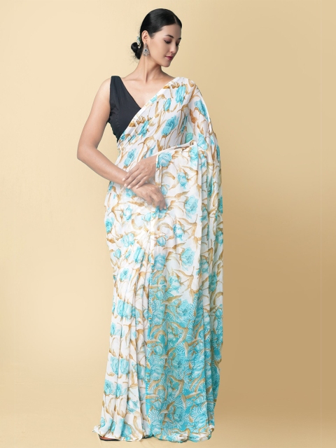 

Unnati Silks Cream-Coloured & Blue Floral Bhagalpuri Saree