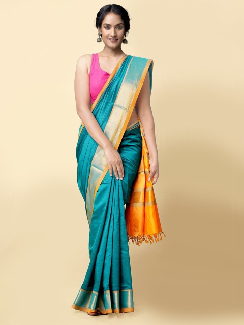 

Unnati Silks Green Woven Design Zari Silk Cotton Handloom Uppada Saree