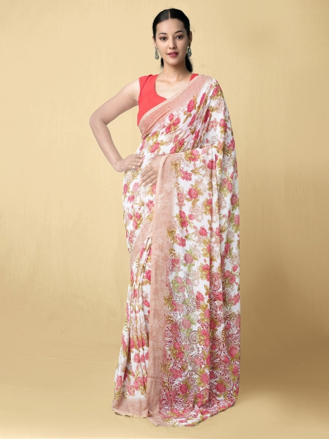 

Unnati Silks Cream-Coloured & Green Floral Bhagalpuri Saree