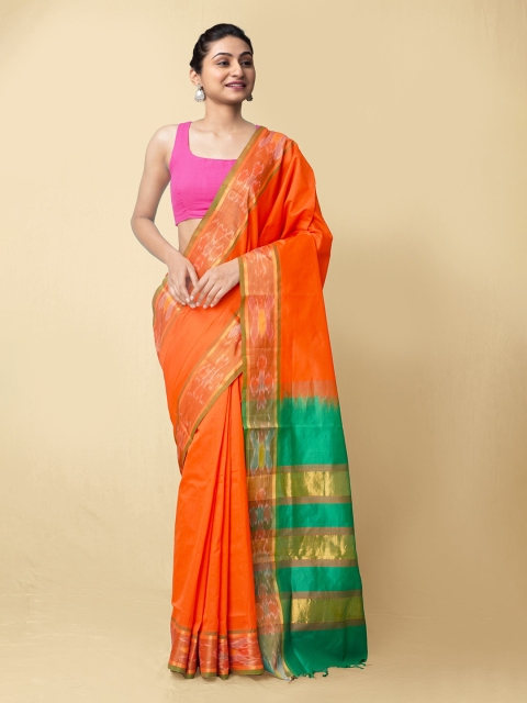 

Unnati Silks Orange & Green Woven Design Silk Cotton Handloom Uppada Saree