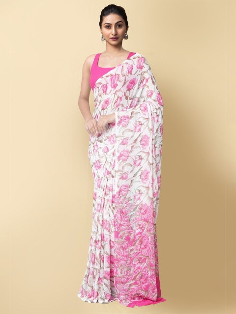

Unnati Silks White & Pink Floral Bhagalpuri Saree