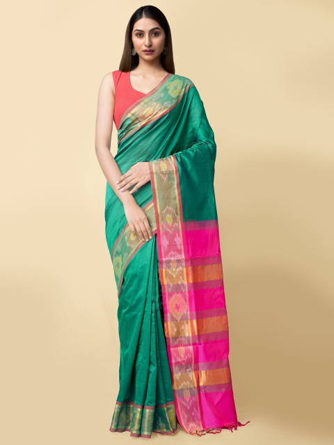 

Unnati Silks Green & Magenta Woven Design Silk Cotton Handloom Uppada Saree
