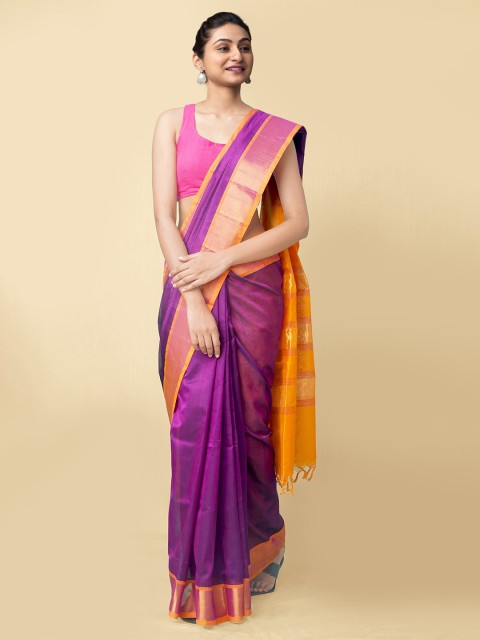 

Unnati Silks Purple & Yellow Woven Design Zari Silk Cotton Handloom Uppada Saree