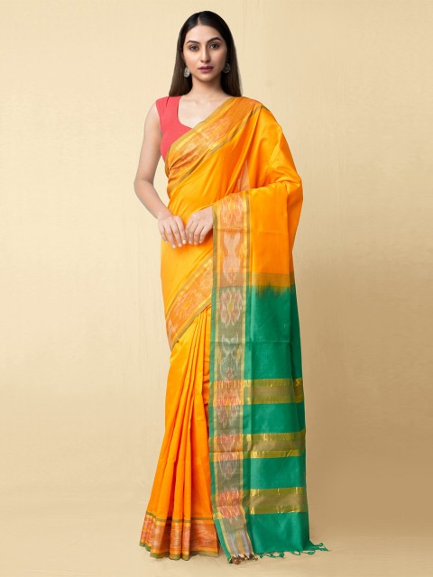 

Unnati Silks Women Orange & Green Pure Handloom Ikat Uppada Silk Cotton Sustainable Saree
