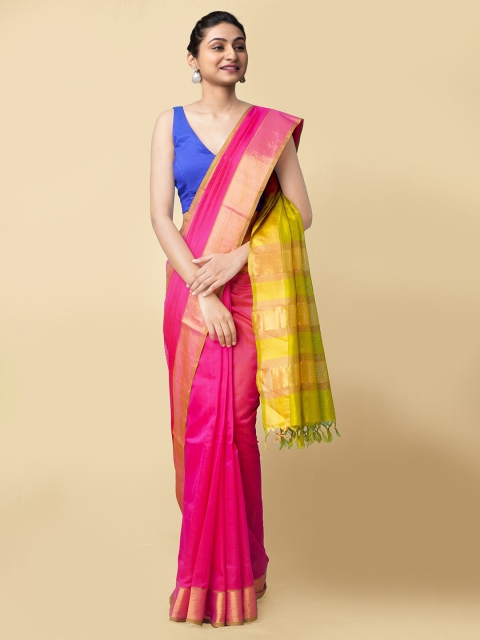

Unnati Silks Pink & Green Zari Silk Cotton Handloom Uppada Saree