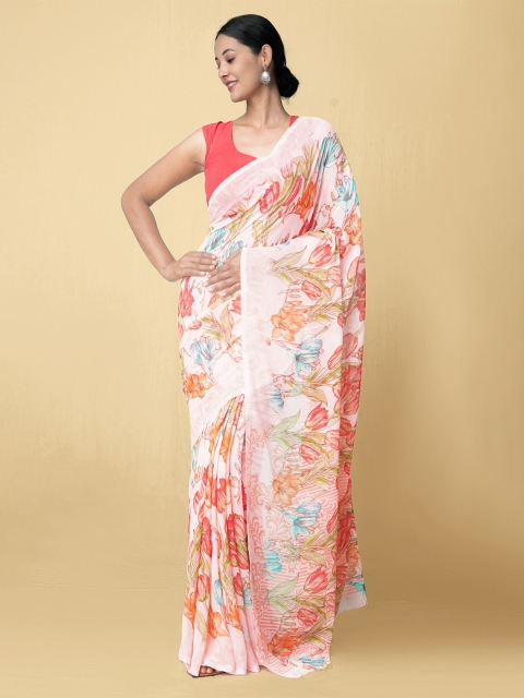 

Unnati Silks Pink & Red Floral Bhagalpuri Saree