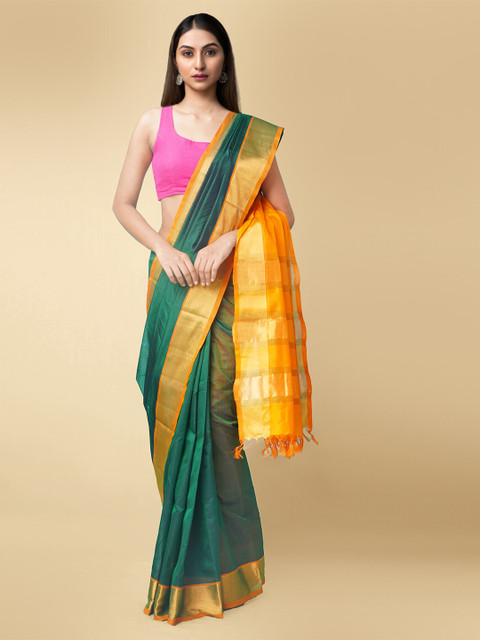 

Unnati Silks Green & Yellow Woven Design Zari Silk Cotton Handloom Uppada Saree