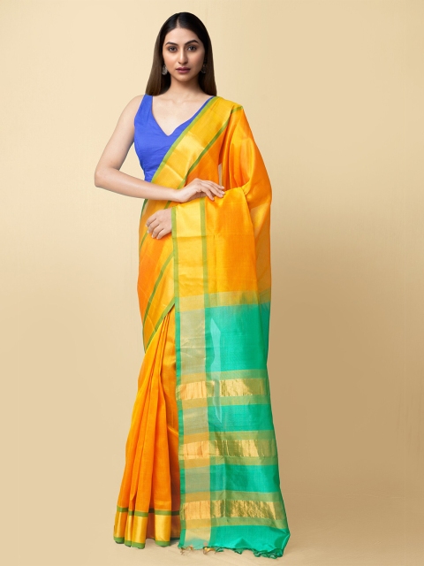 

Unnati Silks Orange & Green Zari Silk Cotton Handloom Uppada Saree