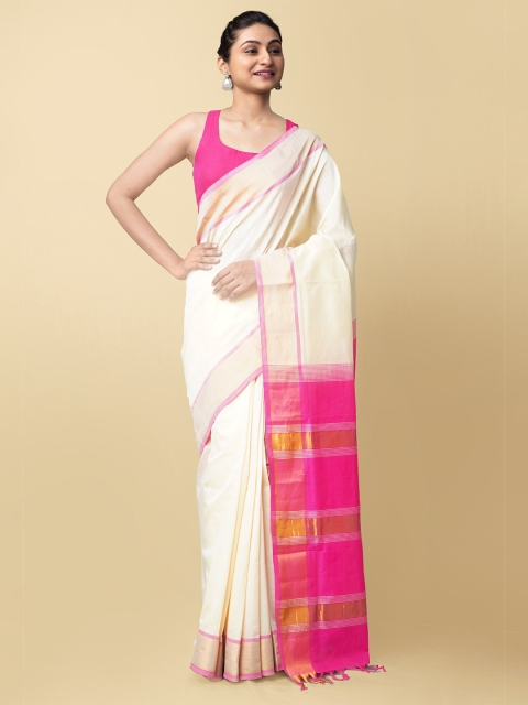 

Unnati Silks Cream-Coloured & Pink Woven Design Zari Silk Cotton Handloom Uppada Saree