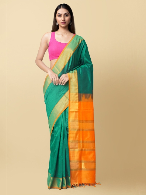 

Unnati Silks Green & Orange Woven Design Zari Silk Cotton Handloom Uppada Saree