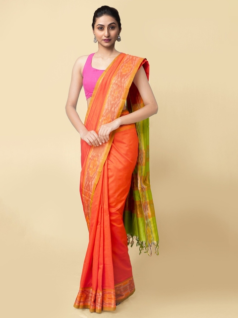 

Unnati Silks Women Orange & Green Pure Handloom Ikat Uppada Silk Cotton Sustainable Saree