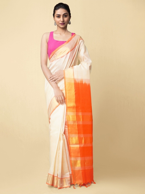 

Unnati Silks Cream-Coloured & Orange Woven Design Zari Silk Cotton Handloom Uppada Saree