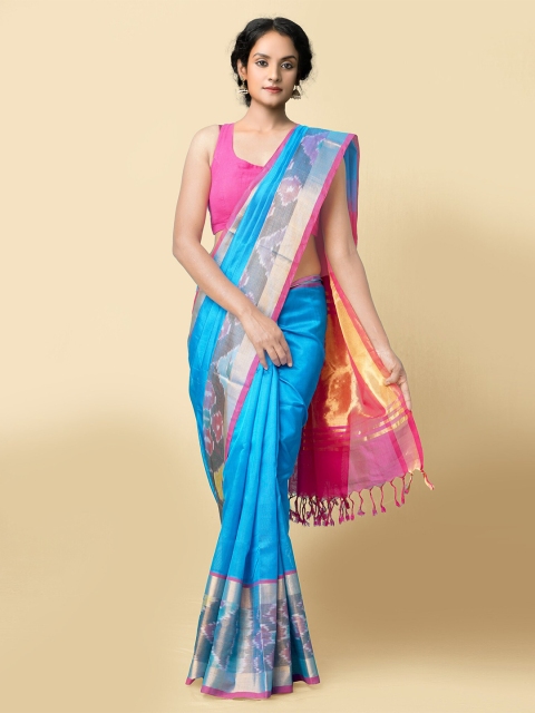 

Unnati Silks Blue & Gold-Toned Silk Cotton Handloom Uppada Saree