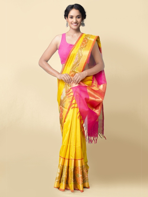 

Unnati Silks Green & Yellow Woven Design Silk Cotton Handloom Uppada Saree