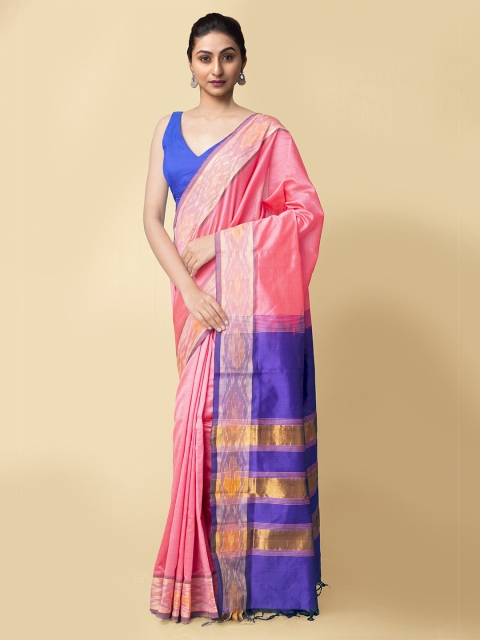 

Unnati Silks Pink & Blue Woven Design Silk Cotton Handloom Uppada Saree