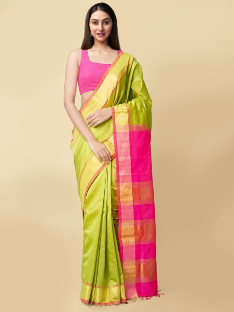 

Unnati Silks Green & Pink Woven Design Zari Silk Cotton Handloom Uppada Saree