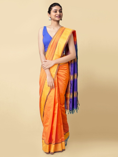 

Unnati Silks Orange & Blue Woven Design Zari Silk Cotton Handloom Uppada Saree