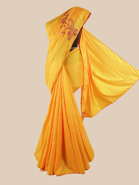 

Pothys Yellow & Pink Embellished Beads and Stones Art Silk Saree