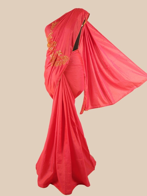 

Pothys Pink & Gold-Toned Embellished Beads and Stones Art Silk Saree