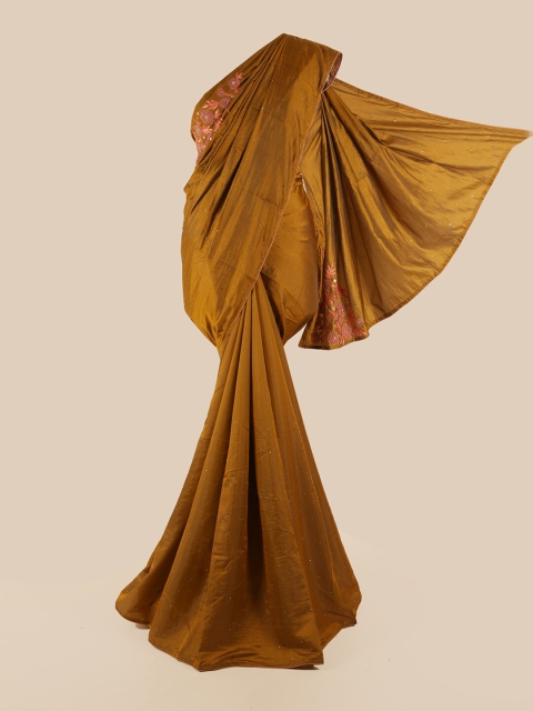 

Pothys Mustard Brown Floral Beads and Stones Art Silk Saree