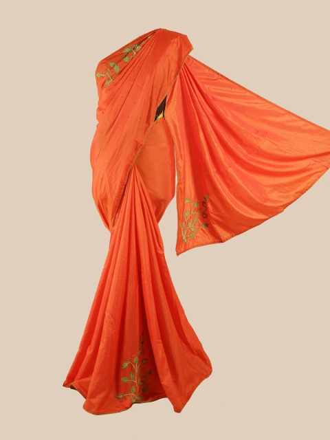 

Pothys Orange & Green Floral Beads & Stones Art Silk Saree