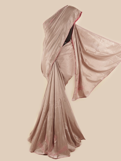 

Pothys Beige & Pink Floral Beads & Stones Art Silk Saree