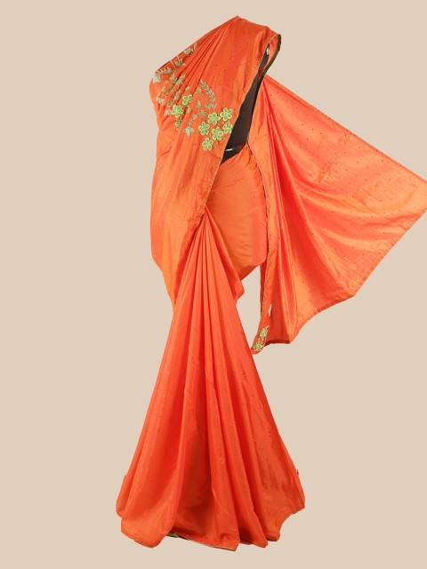 

Pothys Orange & Green Floral Beads & Stones Art Silk Saree