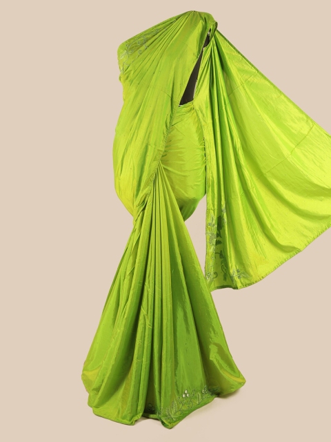 

Pothys Green & Silver-Toned Floral Beads & Stones Art Silk Saree