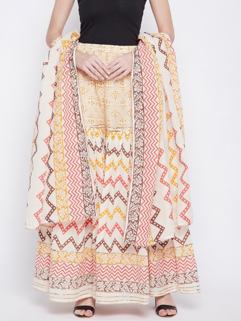 

TULIP 21 Women Off White & Pink Printed Flared Knitted Ethnic Palazzos With Dupatta