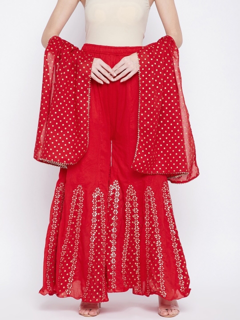 

TULIP 21 Women Red and Gold Floral Mirror Work Palazzo With Polka-Dot Printed Dupatta