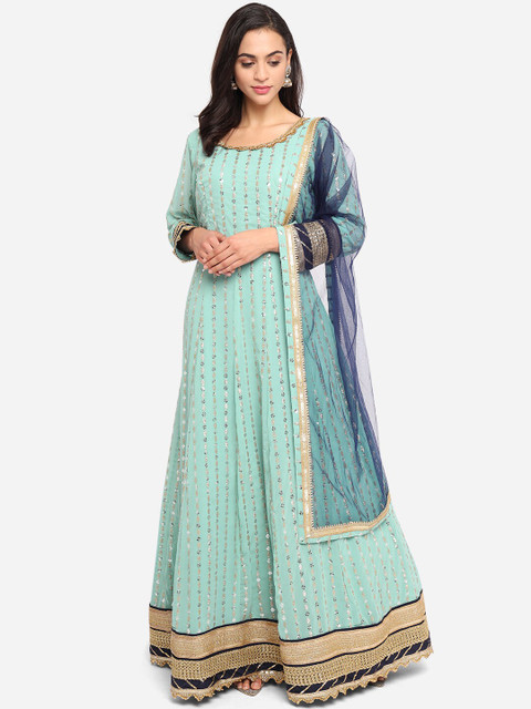 

BOMBAY SELECTIONS Women Turquoise Blue & Black Embellished Kurta with Dupatta