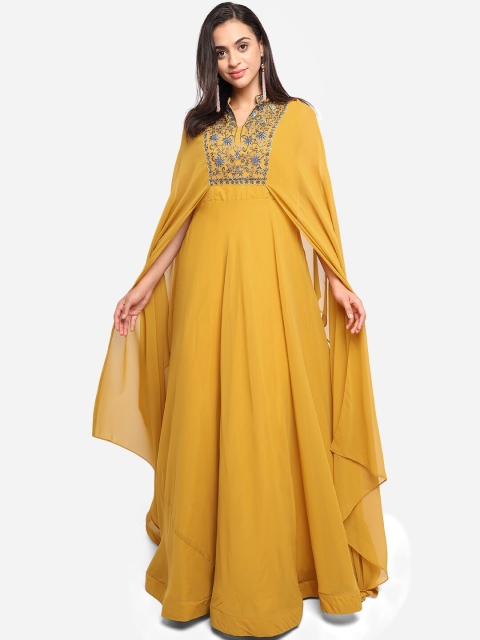 

BOMBAY SELECTIONS Mustard Yellow & Blue Embellished Georgette Maxi Gown