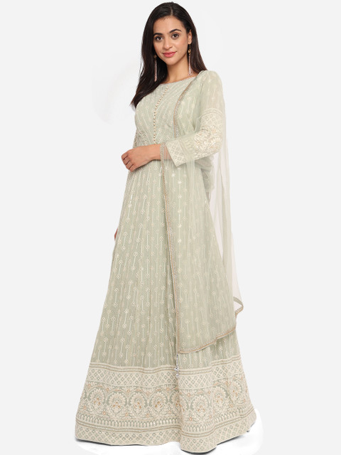 

BOMBAY SELECTIONS Women Green & Off White Ethnic Motifs Embroidered Thread Work Georgette Kurta
