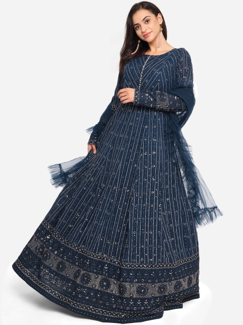 

BOMBAY SELECTIONS Women Blue Geometric Striped Mirror Work Georgette Anarkali Kurta