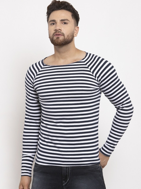 

KATSO Men Navy Blue & White Striped Slim Fit T-shirt