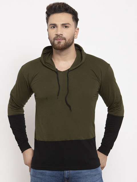 

KATSO Men Olive Green & Black Colourblocked Slim Fit T-shirt