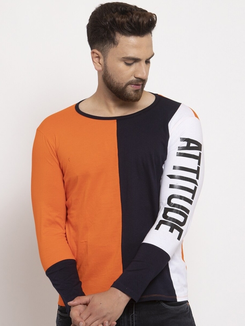 

KATSO Men Orange & Black Typography Colourblocked Slim Fit T-shirt