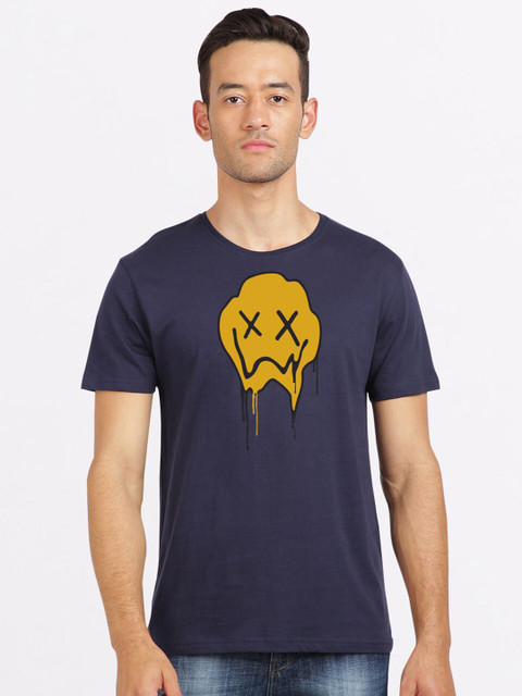 

MASH UNLIMITED Men Navy Blue & Mustard Yellow Printed Slim Fit T-shirt