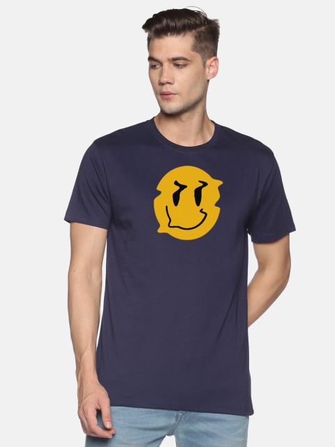 

MASH UNLIMITED Men Navy Blue & Mustard Yellow Printed Slim Fit T-shirt