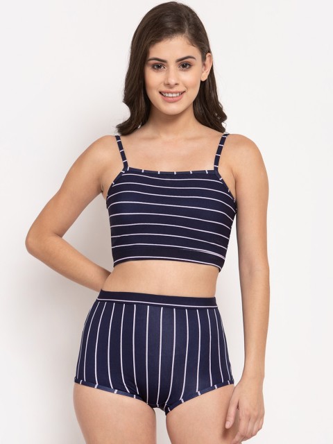 

CUKOO Women Navy Blue & White Striped Two Piece Swim Set