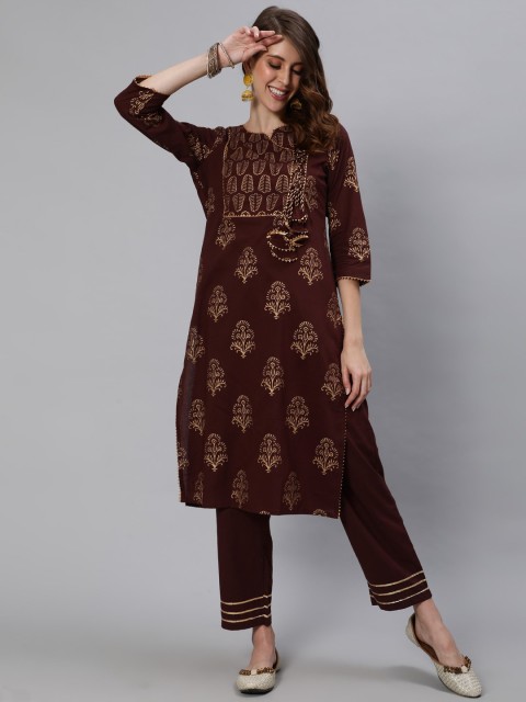 

Ishin Women Brown Ethnic Motifs Printed Angrakha Pure Cotton Kurti with Trousers